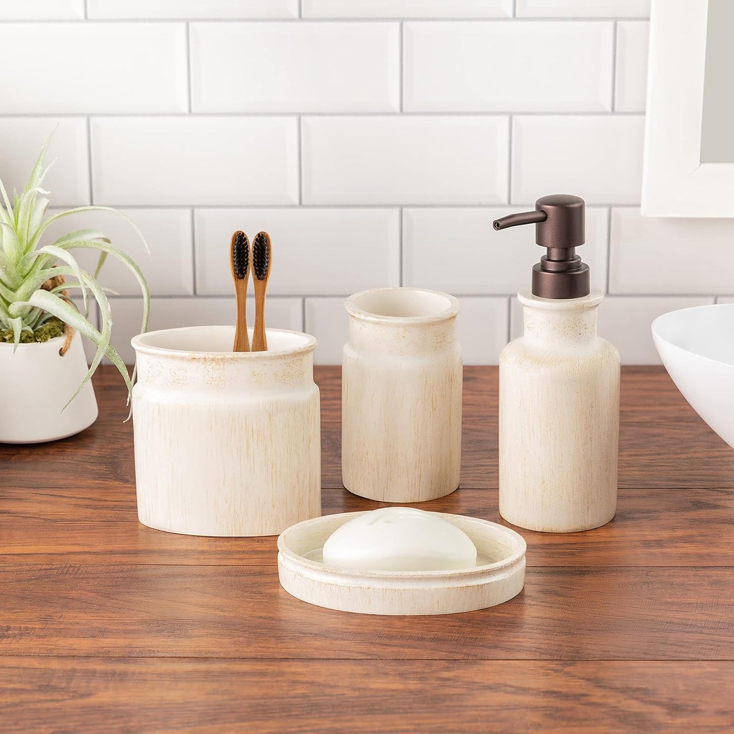 Creative Scents Rustic Luxe Bathroom Accessory Set Complete - 4 Piece Beige Bathroom Soap Dispenser Set has: Lotion Dispenser, Toothbrush Holder, Tumbler & Soap Dish; Modern Farmhouse Bathroom Decor