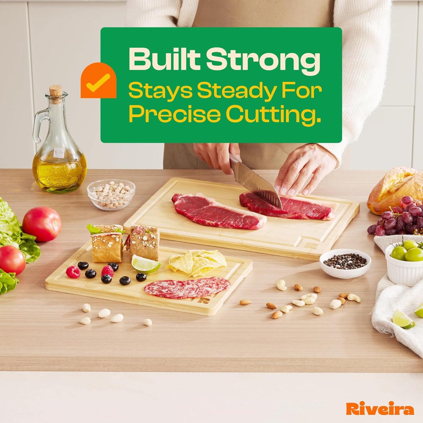 Riveira White Bamboo Wood Cutting Board – Versatile And Durable: Set Of 2 Pcs Rectangular Wooden Cutting Board – Natural Wooden Cutting Boards For Kitchen – Complete White Bamboo Wooden Chopping Board