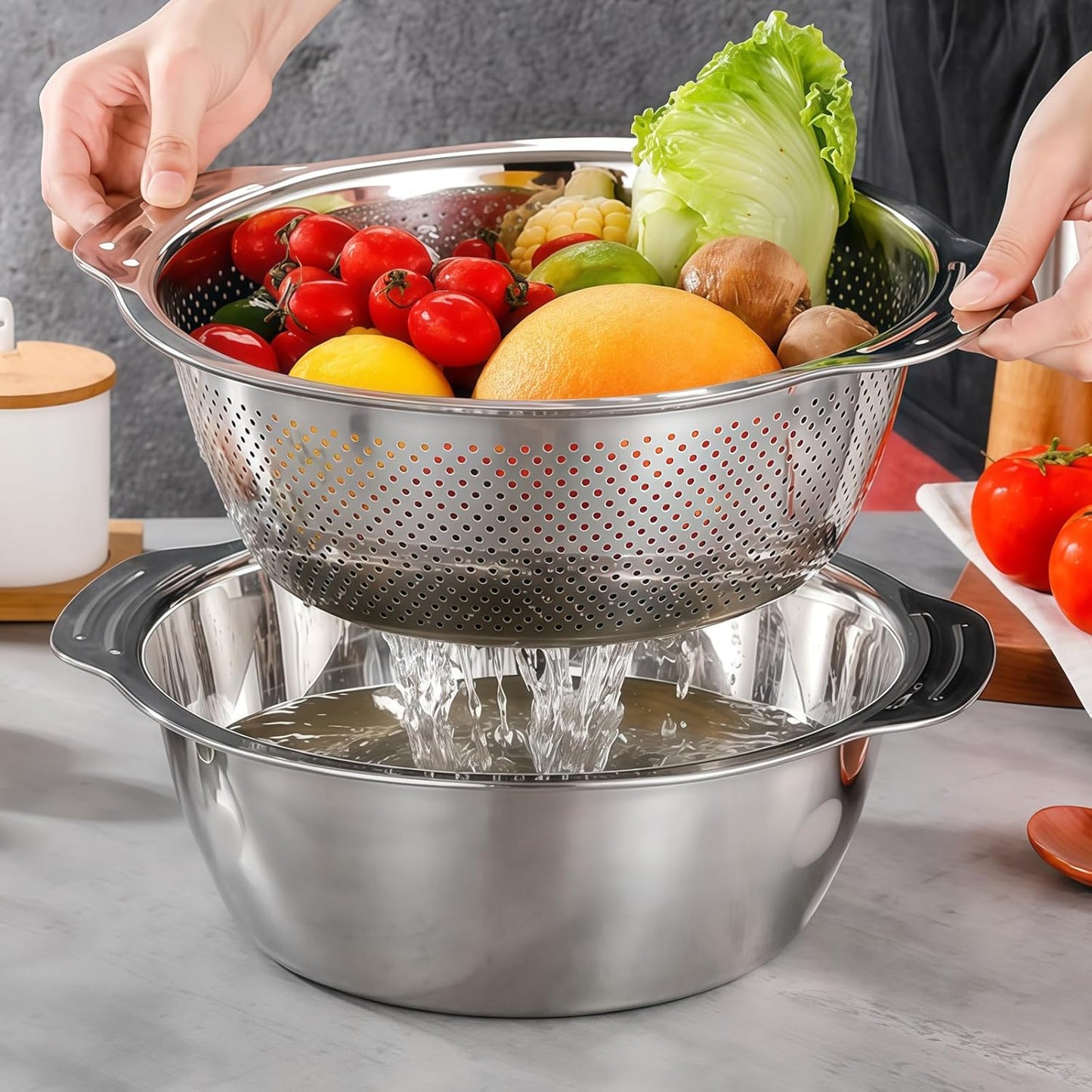 Versatile 3.5 Quart Kitchen Colander Set with Handle, Micro-Perforated Strainer for Pasta, Rice, Vegetables, Fruits, Heated 18/10 Stainless Steel Mixing Bowl for Salad, Cooking, Baking