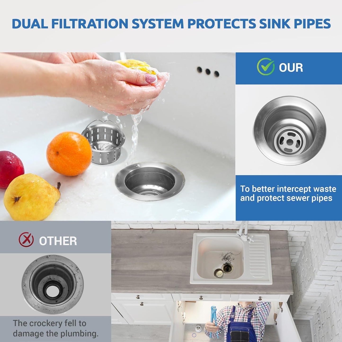 BOTEMY Stainless Steel Sink Drain Strainer 3-1/2 Inch Kitchen Sink Drain Assembly Kit with Removable Deep Sink Strainer Basket and Sink Stopper Flat Cover Replacement for Home Standard Kitchen Sinks