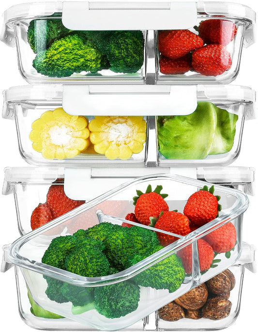 [5-Pack,36 Oz]Glass Meal Prep Containers 2 Compartments Portion Control with Upgraded Snap Locking Lids Glass Food Storage Containers, Microwave, Oven, Freezer and Dishwasher (4.5 Cups, White)