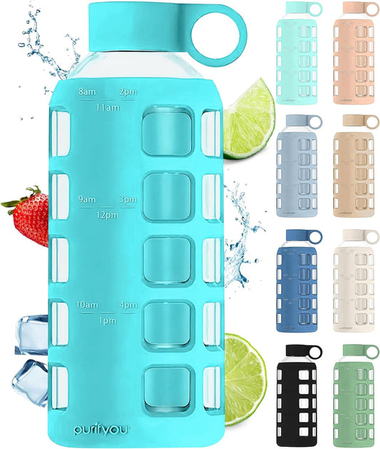 purifyou 40oz / 32oz / 22oz / 12oz Borosilicate Glass Water Bottle with Time & Volume Markers, Silicone Sleeve, Stainless Steel Lid – Reusable Glass Bottle for Water & Juice (22oz Aqua Blue)