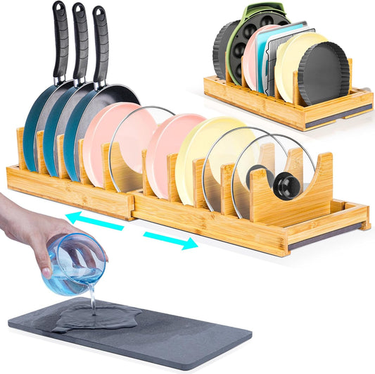 [Adjustable] Bamboo Pots and Pans Organizer under Cabinet, Expandable Bakeware & Cutting Board Organizers with Diatomaceous Earth Base & 10 PCS Adjustable Dividers, Tray Organizer for Kitchen Storage