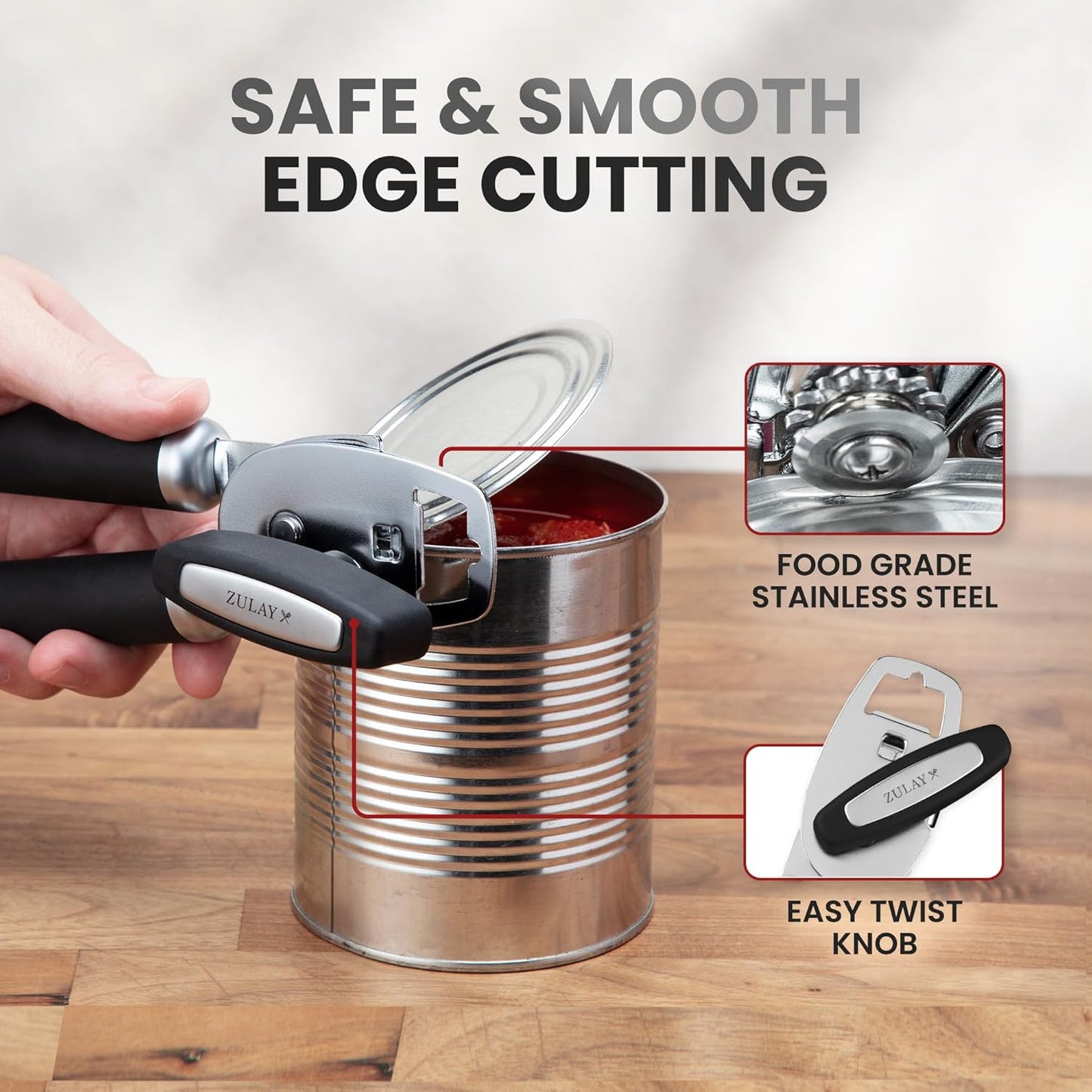 Zulay Kitchen Heavy Duty Stainless Steel Can Opener Manual with Bottle Opener - Rust Proof Manual Can Opener With Turn Knob & Comfy Soft Grip Handles - Black