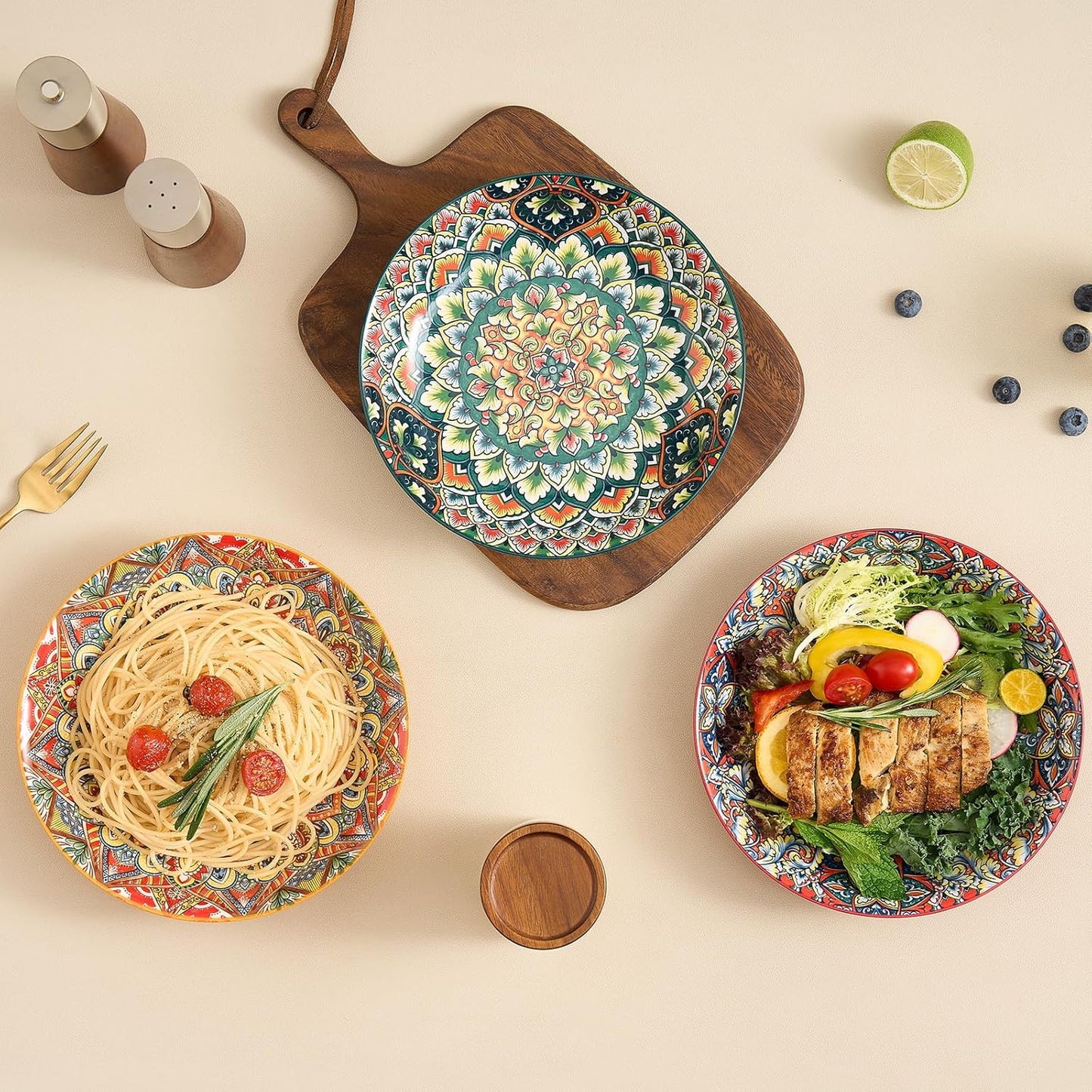 Ceramic Pasta Bowls Set - 8 inch 32 oz Serving Bowls, Set of 6, Colorful Dinner Bowls for Soup,Salad, and Pasta, Kitchen, Microwave, Dishwasher Safe, mexican, Bohemian Style