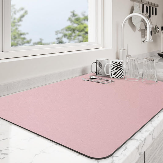 Dish Drying Mat for Kitchen Counter | Coffee Bar Mat for Countertops | Heat Resistant Drainer Mat with Non-slip Rubber Backed | Hide Stain Kitchen Absorbent Draining Mat | Pink 16"x20"