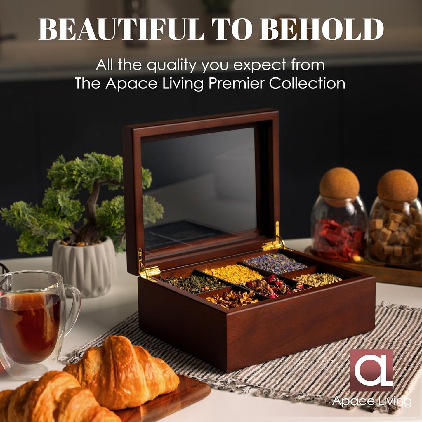 Tea Box - Luxury Wooden Tea Bag Organizer from The Apace Premier Collection - 6 Compartment Tea Storage Chest Container - Elegantly Handmade w/Scratch Resistant Window