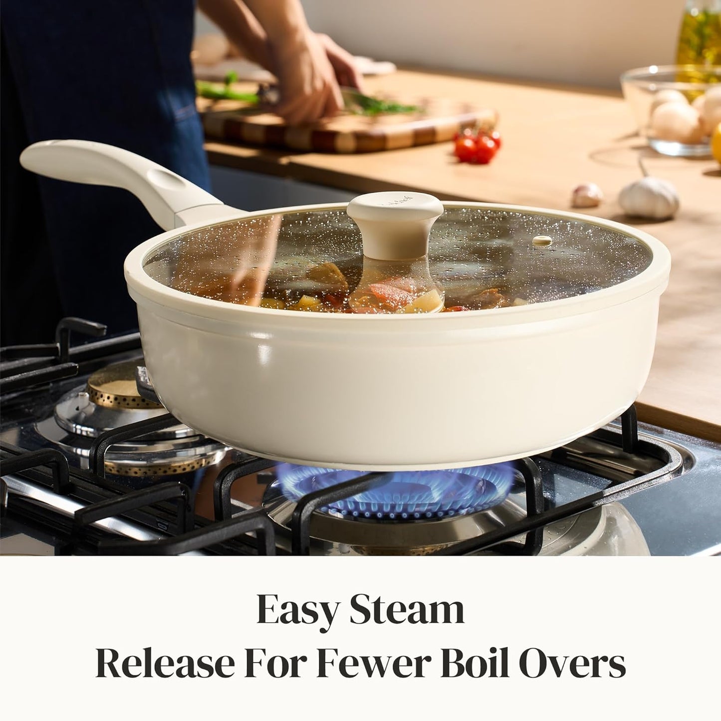 Redchef Ceramic Frying Pan with Glass Lid, Nonstick Deep Saute Pan for All Stovetops, Healthy Cooking Pan, Ergonomic Handle, Fast Even Heating, Splatter Prevention, Oven Safe, Beige (5.2Qt, 12")