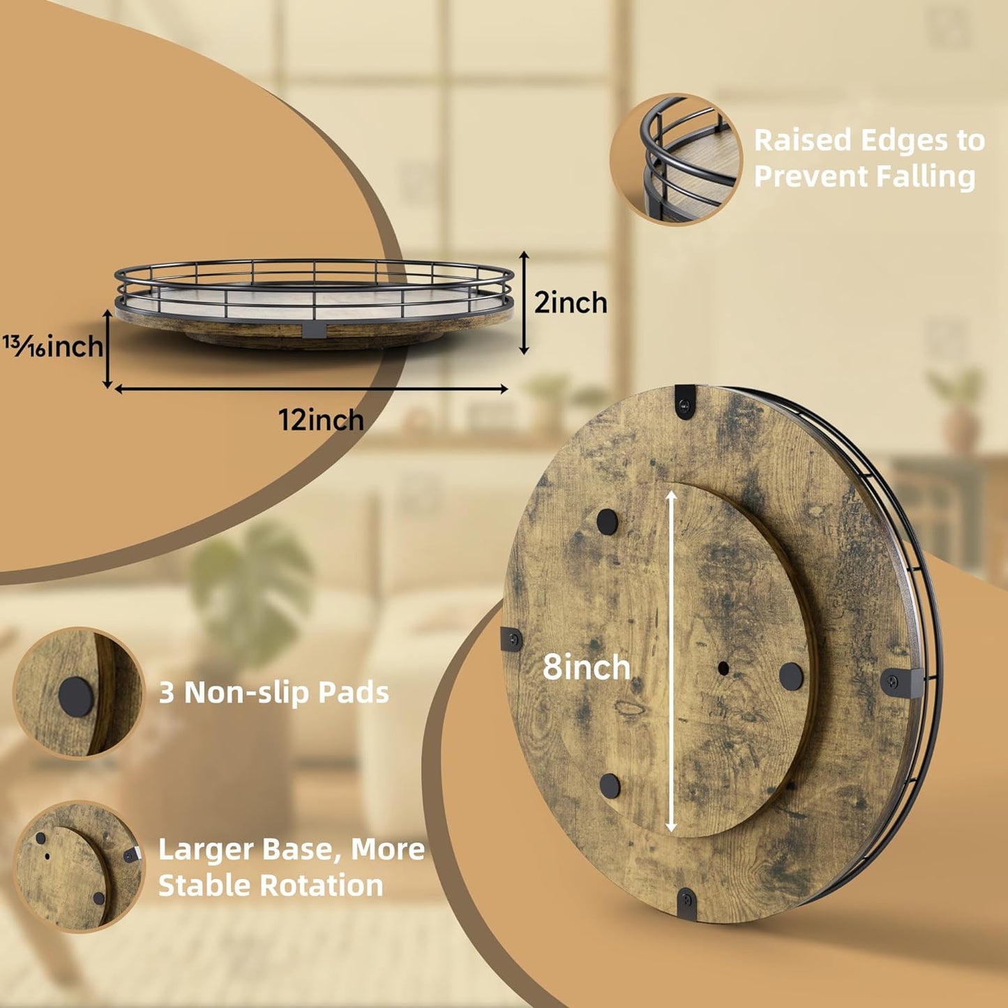 Lazy Susan Turntable Organizer for Table Top, 12’’ Round Wooden Lazy Susan for Cabinet Kitchen Countertop Pantry Dining Coffee Table for Condiments Spices, Rustic Bathroom Vanity Tray for Soap Candle