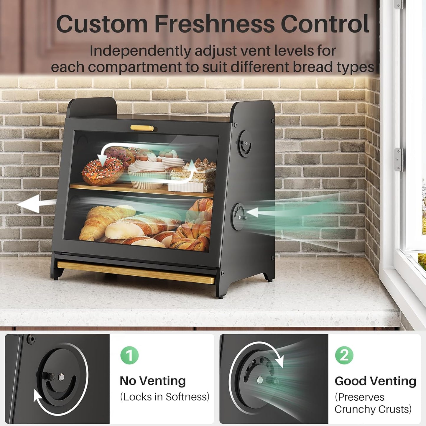 SNTD Bread Box, Wooden Bread Storage Container for Kitchen Countertop with Bamboo Cutting Board, Black (L)