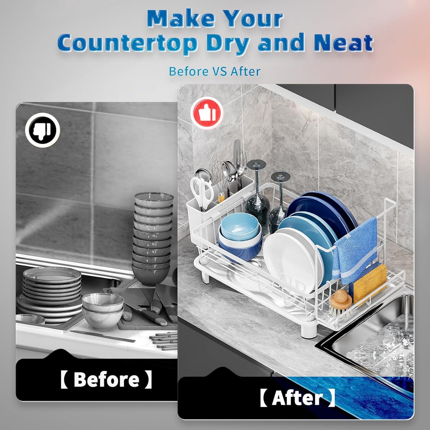 Compact Dish Drying Rack, Dish Drainers for Kitchen Counter with Sponge Rack, Kitchen Drying Rack with Drainboard, Utensil Holder and Automatic Drainage Drainboard, White