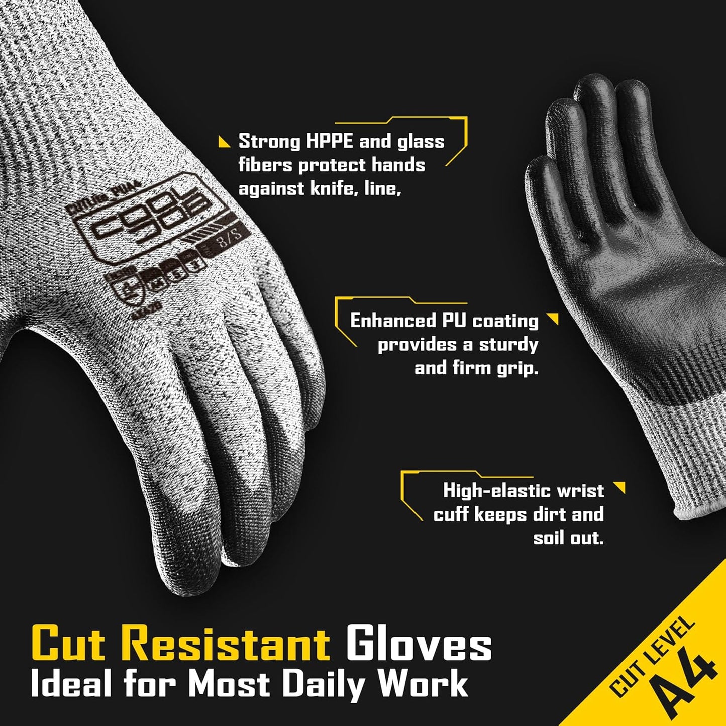 COOLJOB 12/120 Pairs Cut Resistant Safety Work Gloves with Grip, 13 Gauge Seamless Shell with PU Coating, ANSI A2 A4, Gray