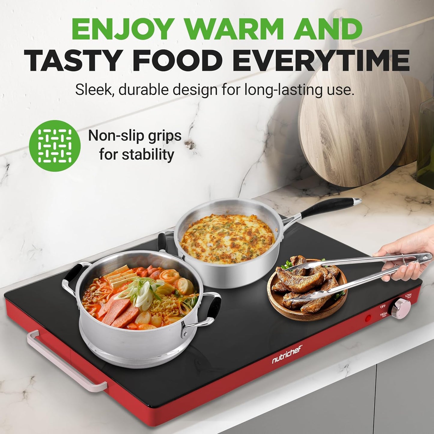 NutriChef Electric Warming Tray | Glass Surface Hot Serving Tray | Adjustable Temperature 140°F to 230°F | Energy Efficient & Space Saving | Perfect for Buffets,Parties & More | 21.2 x 16.5 IN | Red