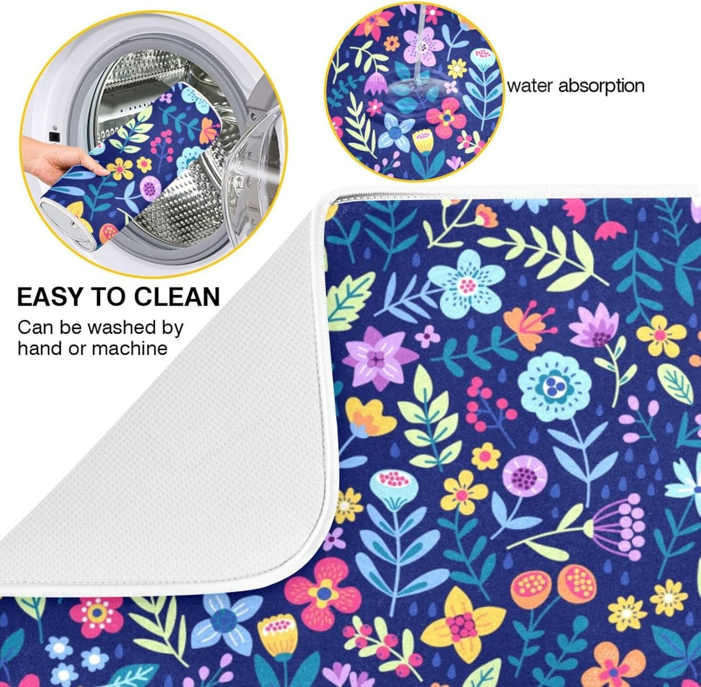 Cute Floral Flowers Dish Drying Mat for Kitchen Counter Absorbent Microfiber Drying Pad, Medium 16x18 in, Reversible Drainer Mats