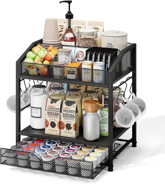 Coffee Bar Organizer - Countertop Coffee Station, 42 K Cup holder Storage Basket with Drawer and Hooks for Syrup, Cups, Stirrer, Condiment, Tea Organizer, Black