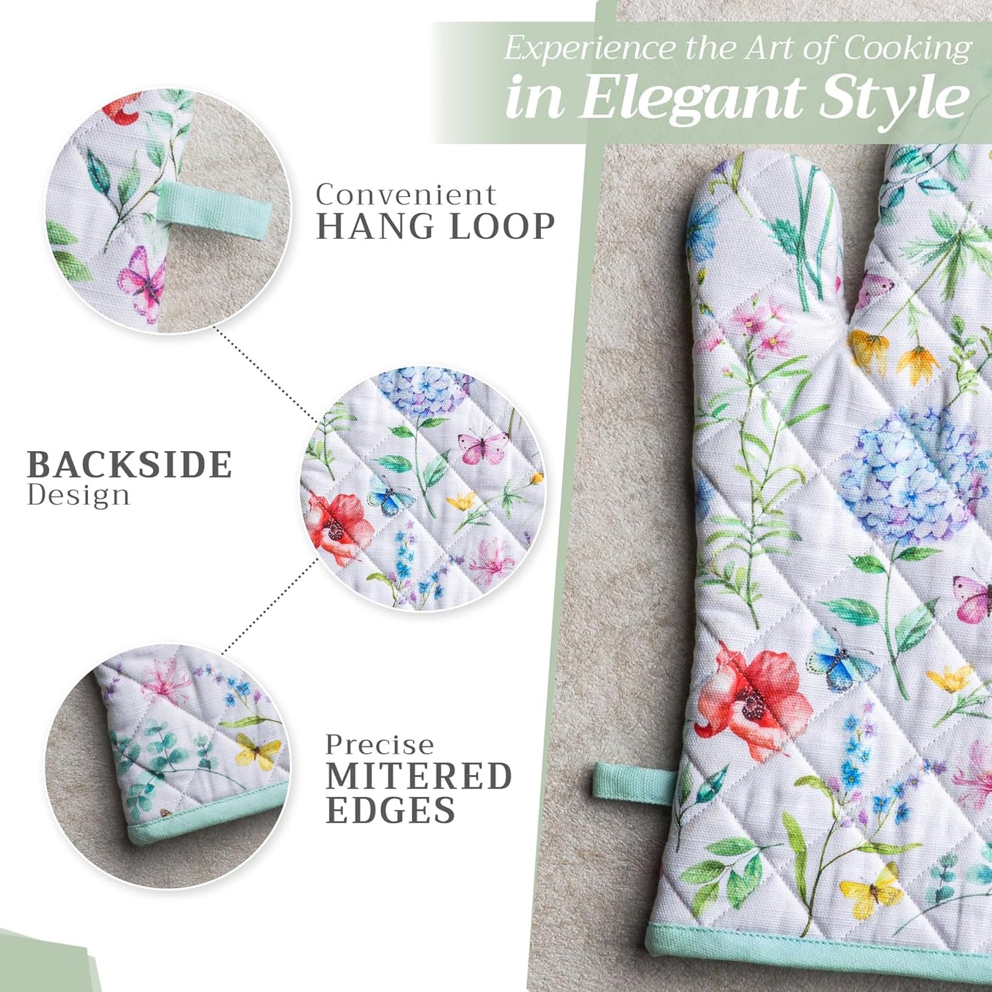 Maison d' Hermine 100% Cotton Oven Mitt & Pot Holder Set (7.5"x13" & 8"x8") Heat Resistant BBQ Cooking Gloves with Loop, Baking, Grilling, Kitchen, Handling Hot Pans Spring/Summer (Just Floral)