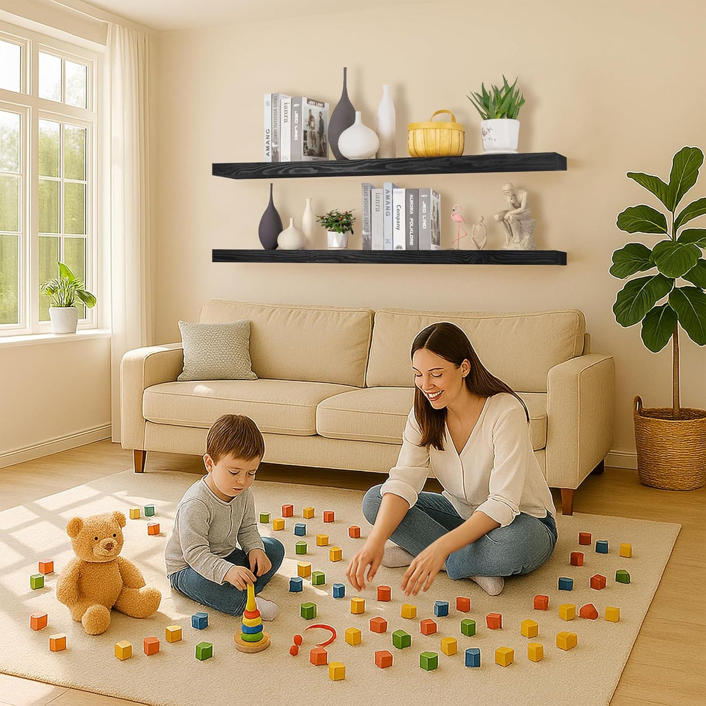 Rustic Floating Shelves 72 inch Long 8 "deep Set of 2, Heavy Duty Wood Wall Mounted Shelves for Bathroom Living Room Kitchen,Book Shelves with Thickened Hidden Bracket- Black