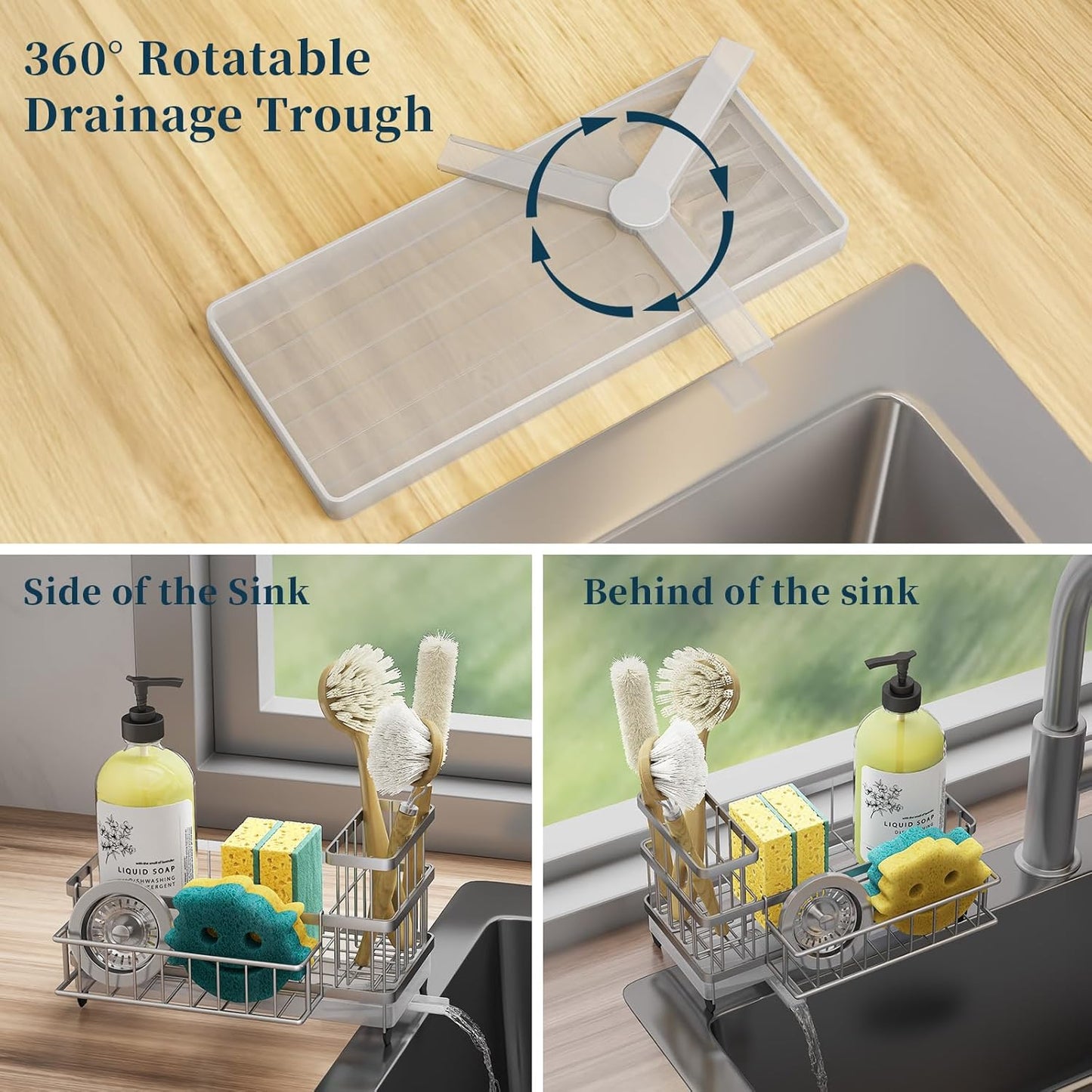 Consuemst Sponge Holder for Kitchen Sink - Auto Draining Sink Caddy Organizer with Detachable Rack, High Brush Holder, Kitchen Countertop Storage Accessories, Silver