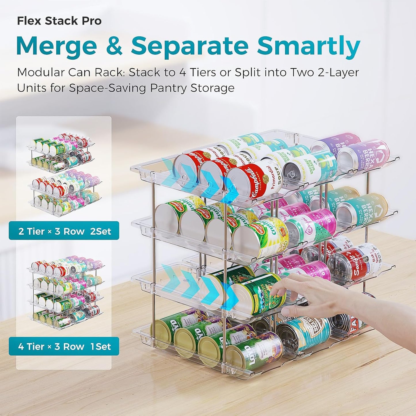 Can Organizer for Pantry, 4 Tiers Can Storage Rack, up to 48 Cans Food Holders for Fridge, Cabinet and Pantry Organization