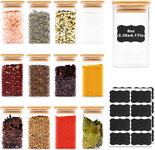 Glass Food Storage Jars Square 8oz, 12 Pack Glass Jars With Bamboo Lids, Kitchen Storage Containers For Spice, Candy, Cookie, Storage For Pantry Organizers