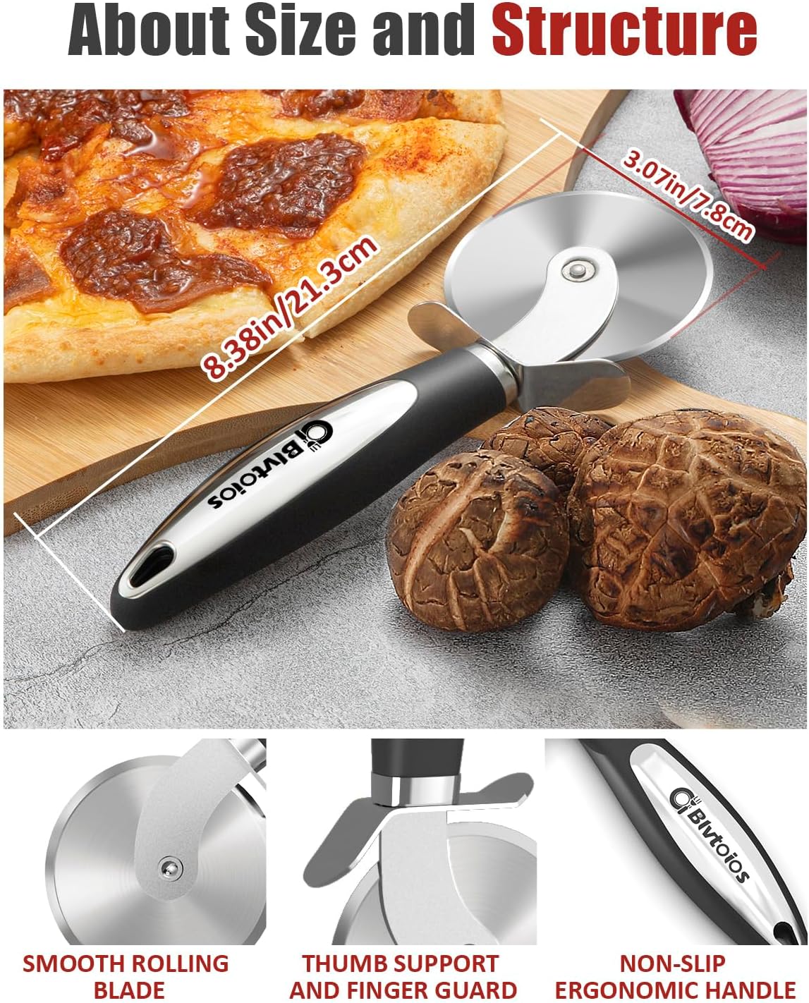 Premium Pizza Cutter, Multi-Purpose Stainless Steel Pizza Cutter Wheel with Non-Slip Soft Touch Handle, Perfect for Cutting Pizza, Dough and Pastry, Dishwasher Safe