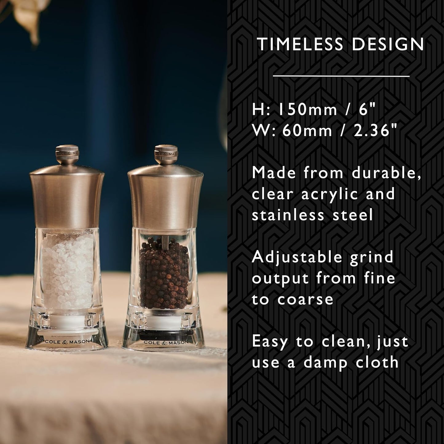 Cole & Mason Bromley Pepper Mill, 6" - Pepper Grinder with Ultra-Sharp Grinding Mechanism - Flavor-Enhancing Pepper Shaker - Refillable Mill with Adjustable Grinding - Acrylic, Pepper Mill