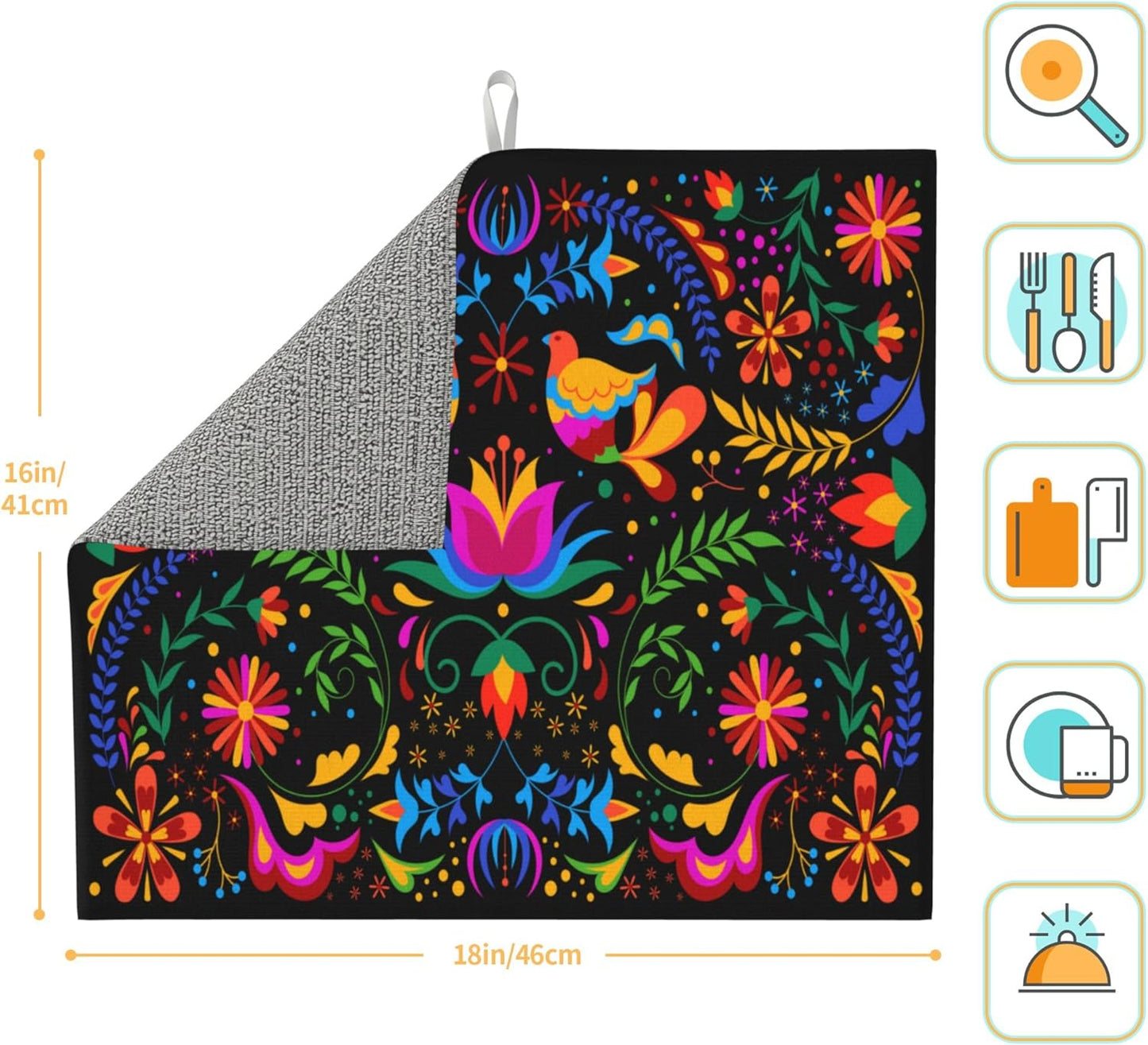 Mexican Dish Drying Mat for Kitchen Counter Mexican Flower Decorative Dish Drainer Rack Mats 16x18 Inch Absorbent Reversible Drying Pad Black