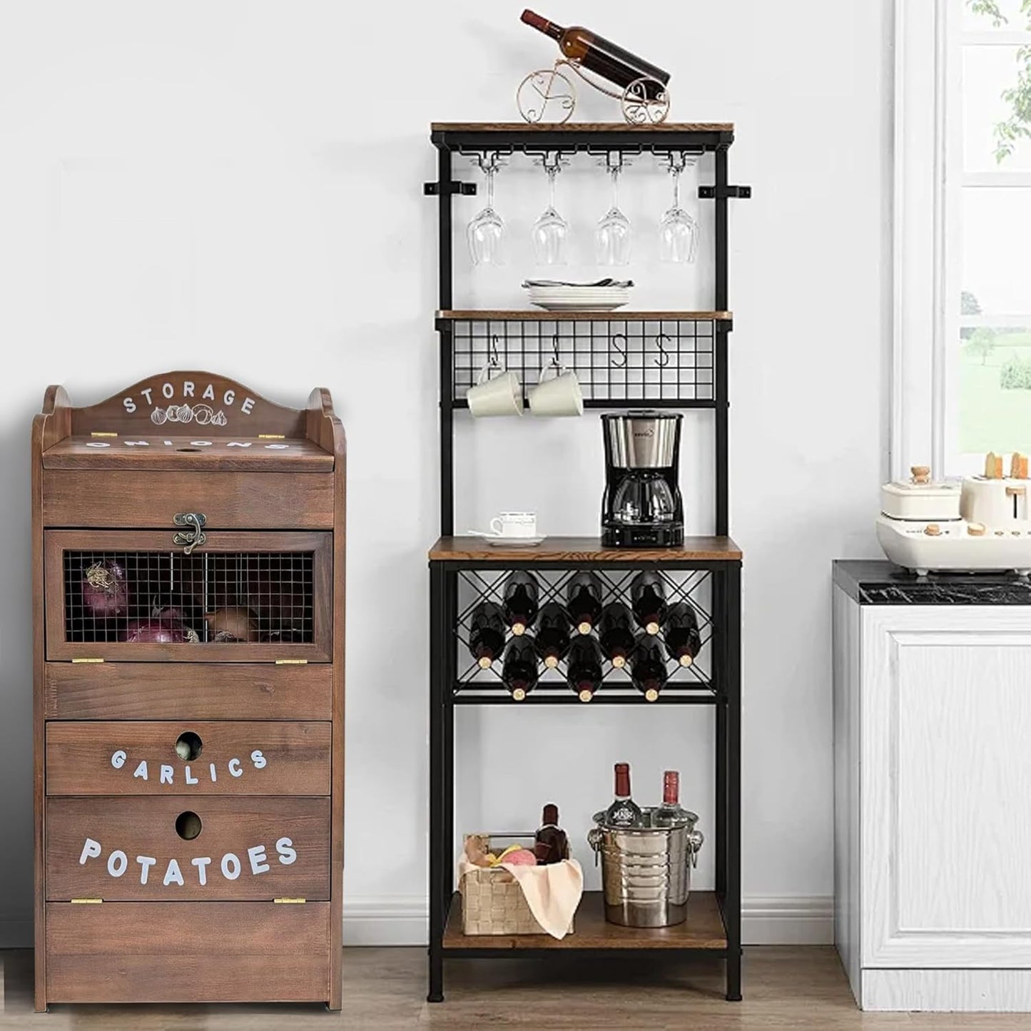 ARTAWEIN Pine Wood Veggie Bin for Potato, Onion and 1 Garlic Drawer Vegetable Box for Kitchen Storage, Solid Wood Vegetable Bin 13.77" L X 7.1" W X 29.3" H (Rustic Walnut)