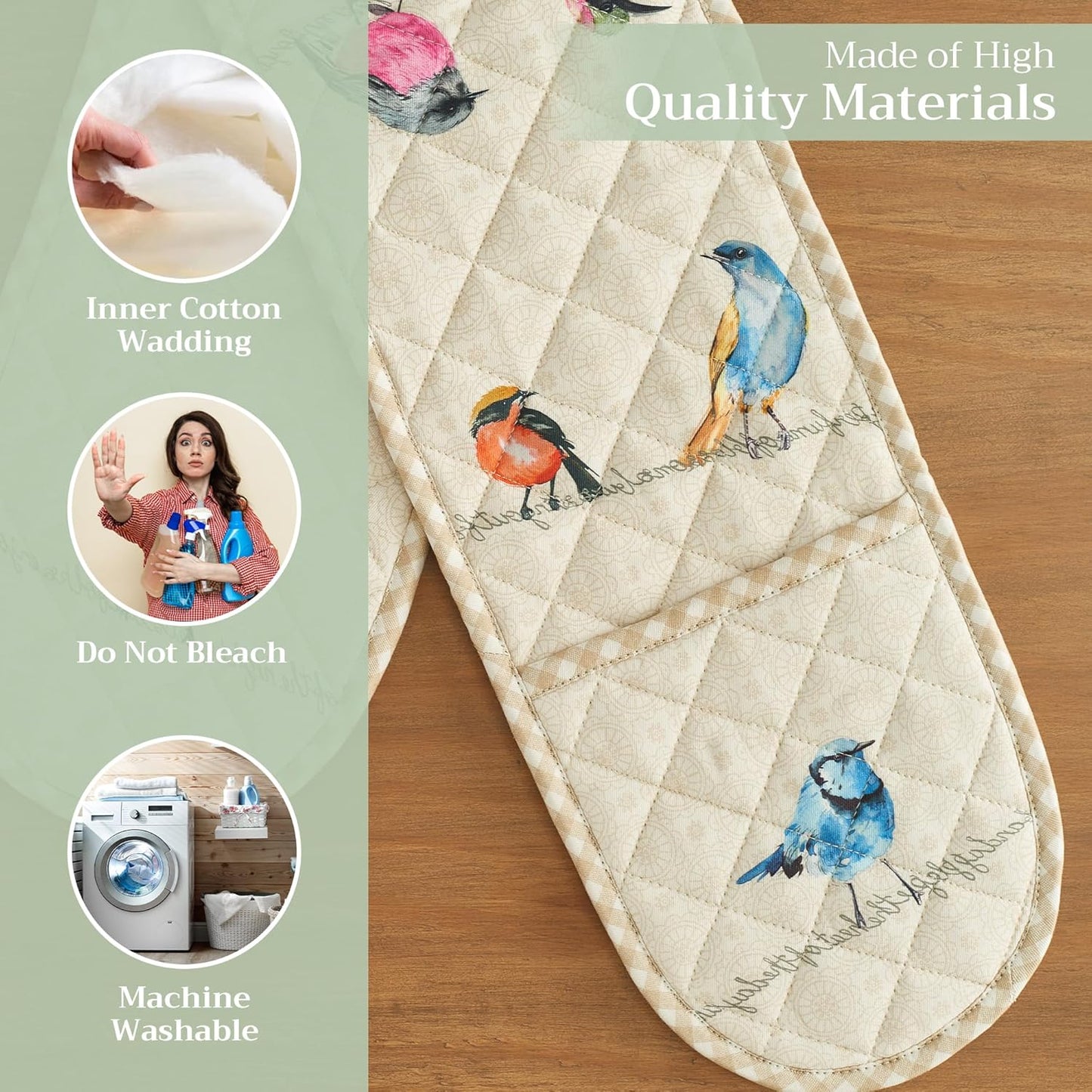 Maison d' Hermine Double Oven Mitts 100% Cotton 7"x35" Double Oven Mitt Heat Resistant BBQ Cooking Gloves with Loop, Baking, Grilling, Home, Kitchen, Handling Hot Pans Spring Summer (Birdies On Wire)