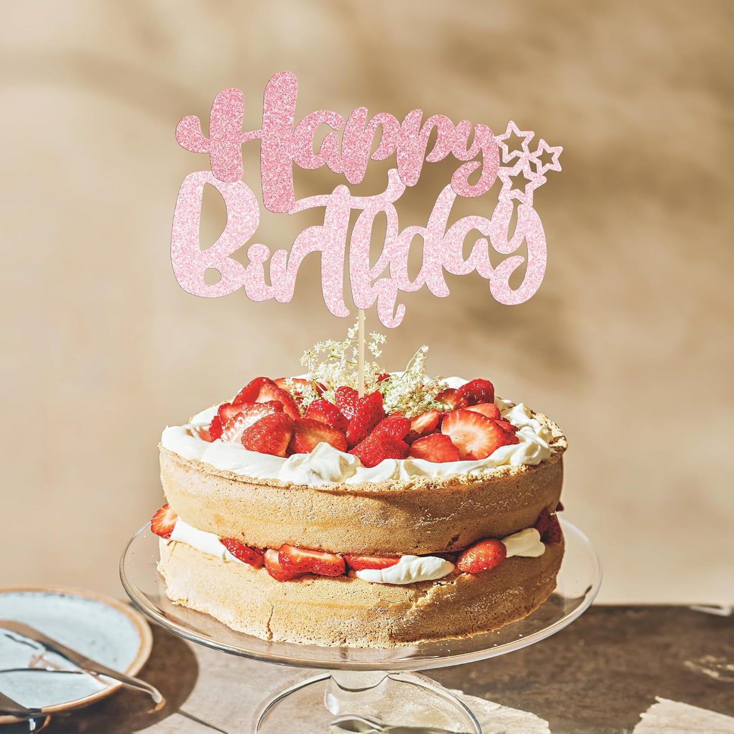 Ephlyn 1Pcs Happy Birthday Cake Topper Glitter Happy Birthday Cake Pick Decorations for Celebrating Happy Birthday Anniversary Theme Party Cake Decorations Supplies Pink Light Pink