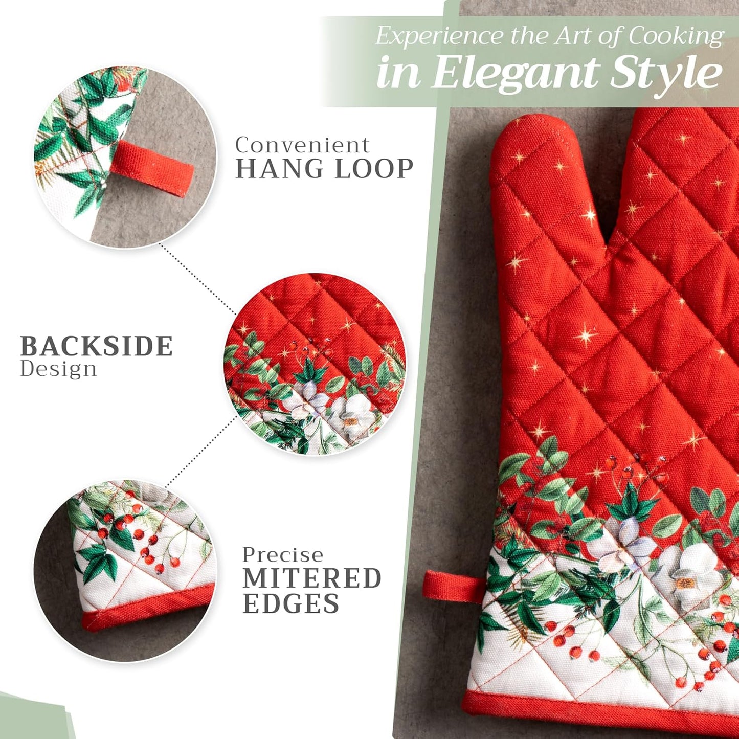 Maison d' Hermine Oven Gloves 100% Cotton Oven Mitt 7" x 13" with Loop Heat Resistant, BBQ, Cooking Gloves, Baking, Grilling, Kitchen, Handling Hot Pans (Pack of 1, Noel)