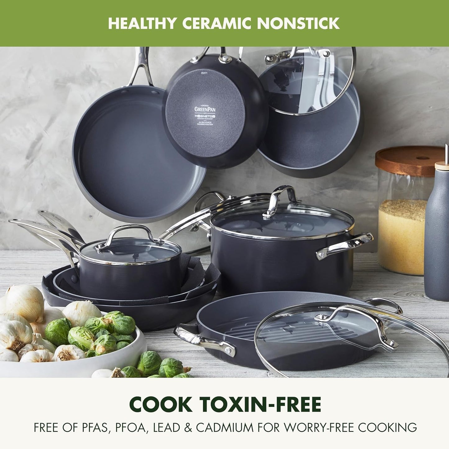 GreenPan 16 Piece Valencia Pro Ceramic Nonstick Cookware Set, PFAS-Free, Induction Ready, Hard Anodized Pots & Pans with Lids, Compatible on All Cooktops, Dishwasher & Oven Safe, Gray