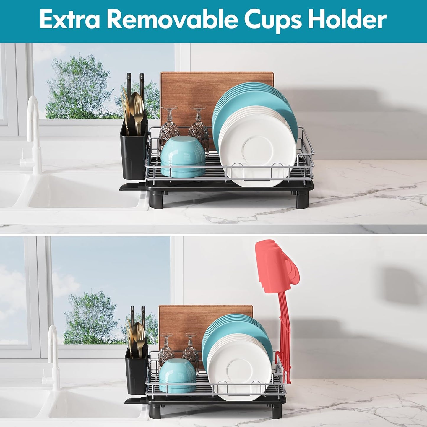 BOOSINY Dish Drying Rack for Kitchen Counter, Stainless Steel Dish Drainers with Drainboard Set, Space Saving, Compact Metal Plates Strainers Rack with Cup Holder, Utensil Holder