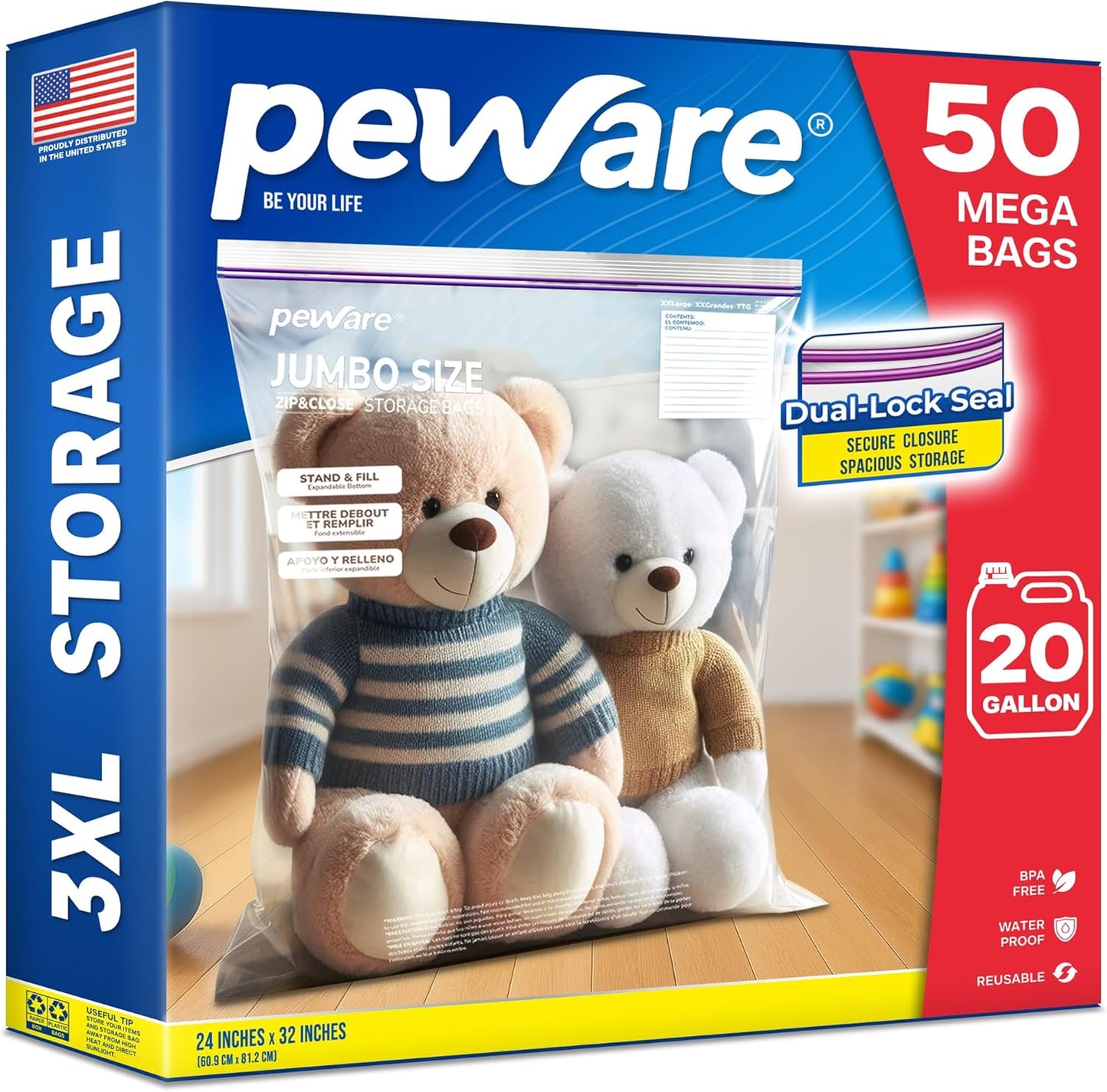 Large Storage Bags, 24"x32" Jumbo Plastic Bag, BPA Free, 20 Gallon 3XL Zipper Lock Baggies for Clothes Pillow Travel Moving - 50 Mega Bags