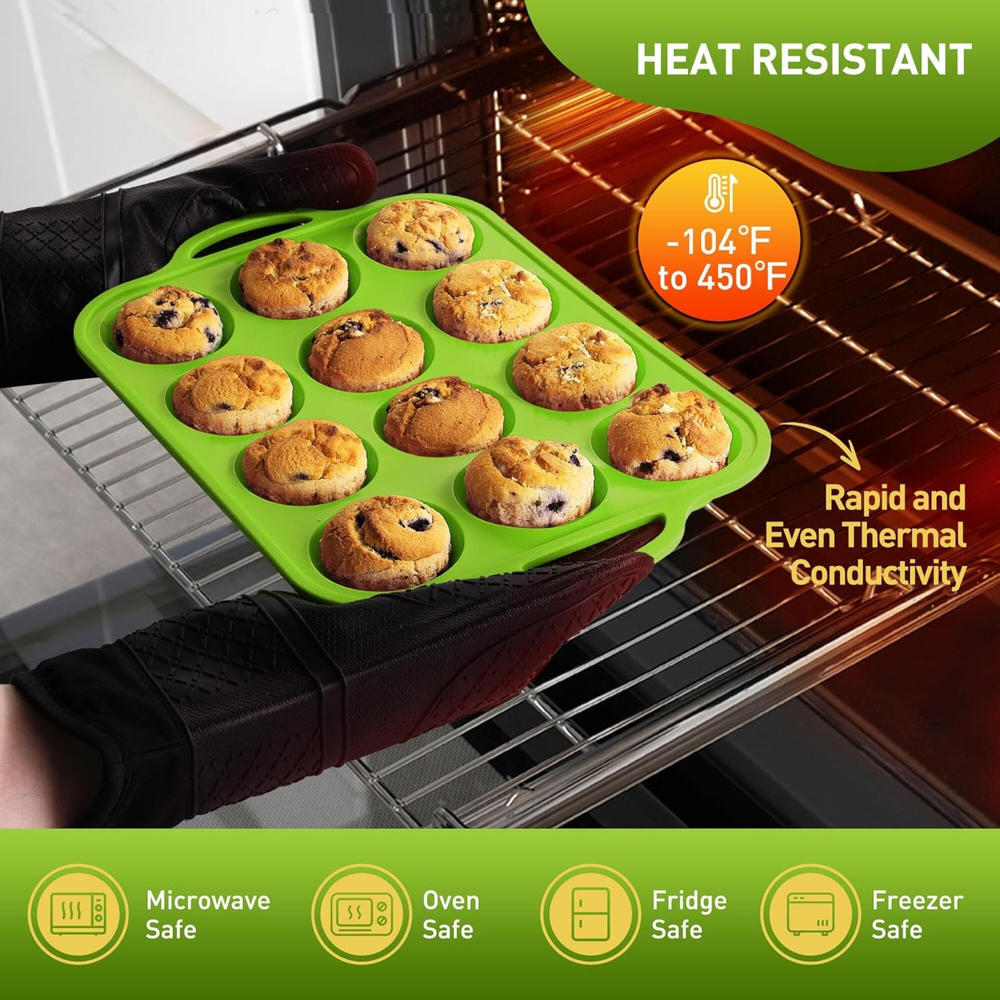 12 Cups Silicone Muffin Pan with Metal Reinforced Frame Regular Size Cupcake Pan Tray Egg Bites Silicone Circle Cookie Molds Muffin Tin Tart Pans Baking Sheet Set for Oven Dishwasher Safe