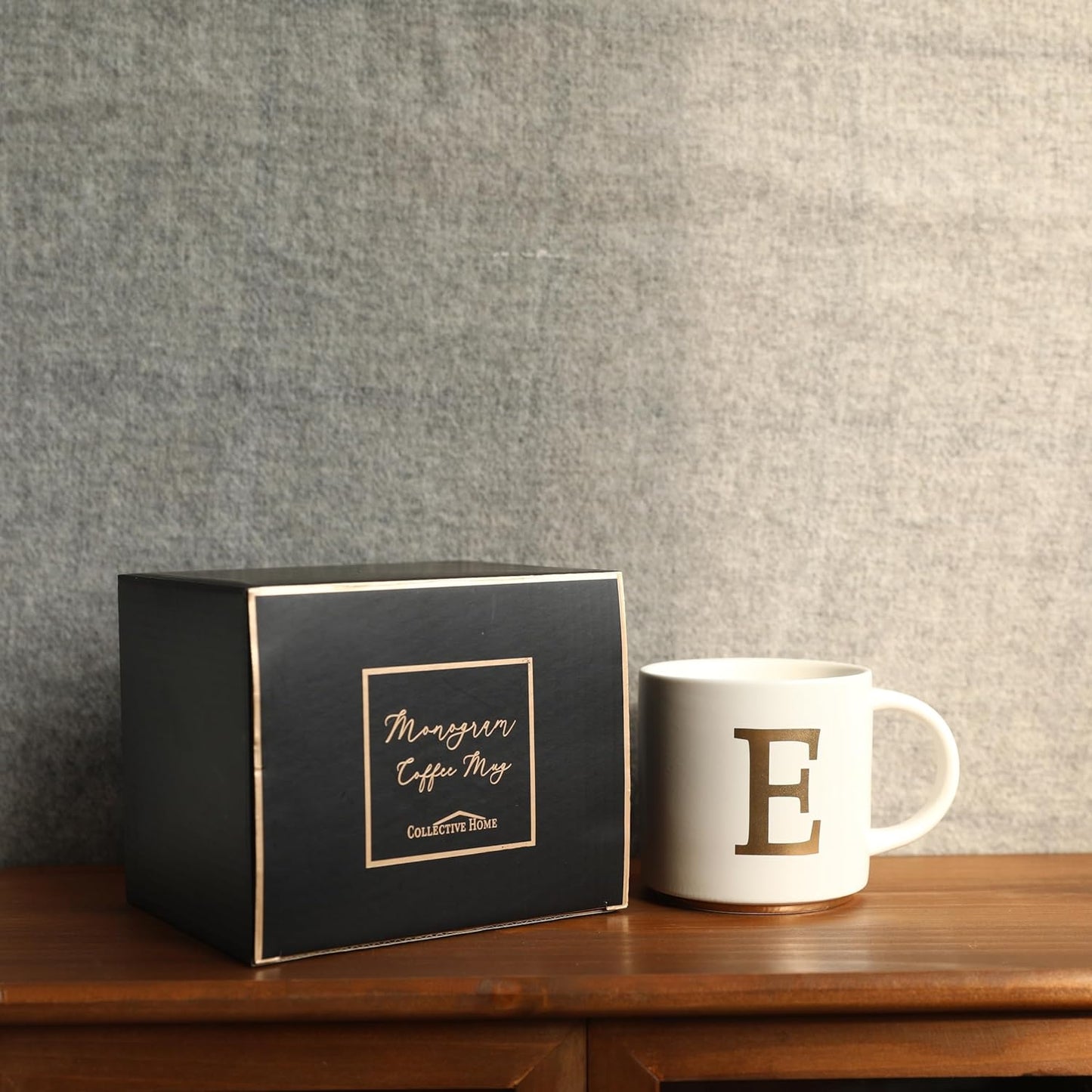 COLLECTIVE HOME - Monogram Ceramic Mugs, 15 oz Golden Initial Coffee Cups, Elegant Alphabet Tea Mugs, Elegant Personalized Mug with Gift Box, Unique Mug with Double Side Capital Letter (E)