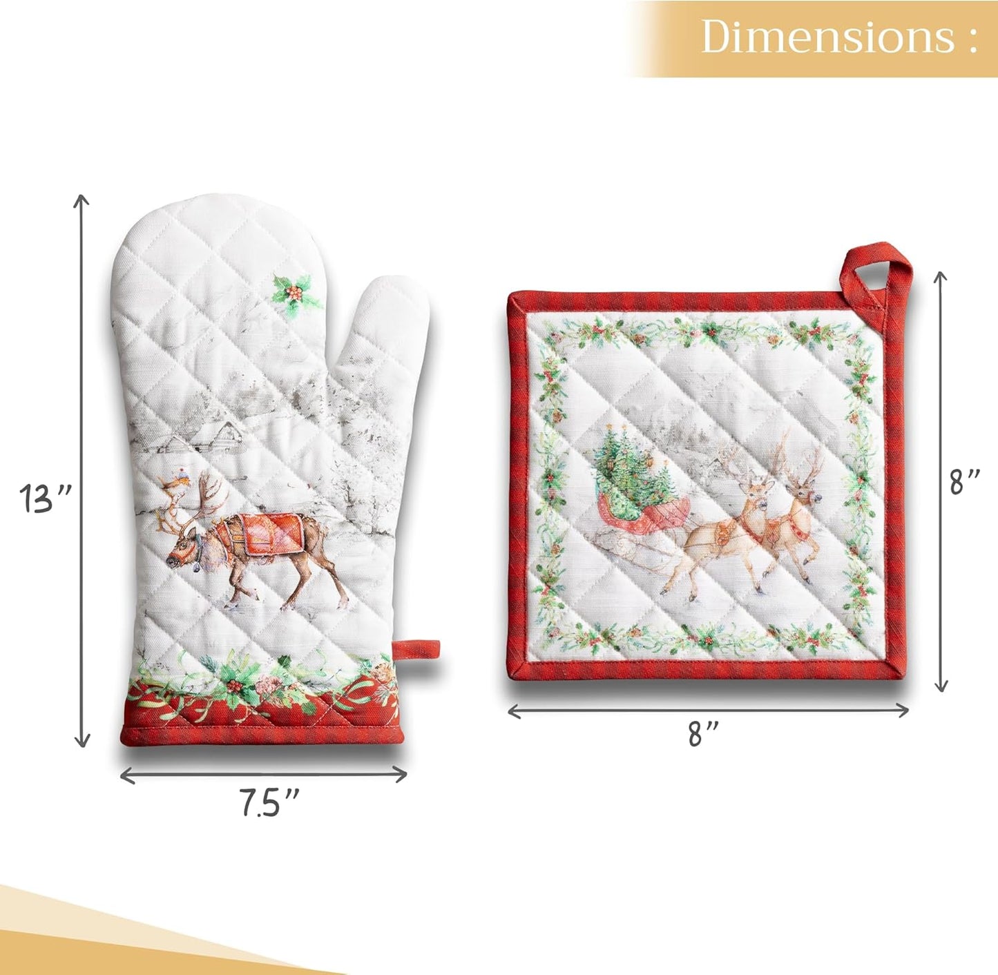 Maison d' Hermine 100% Cotton Oven Mitt & Pot Holder Set (7.5"x13" & 8"x8") Heat Resistant BBQ Cooking Gloves with Loop, Baking, Grilling, Kitchen, Handling Hot Pans (Christmas Tradition)