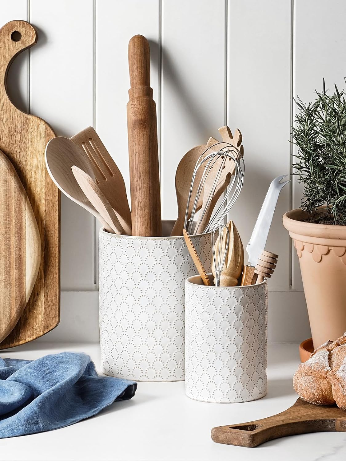 LE TAUCI Utensil Holder, 7.1" Ceramic Kitchen Utensil Holder for Counter top, Embossed Cooking Utensil Organizer for Spatula & Spoon, Kitchen Decor, Set of 1, Arctic White,Fireworks