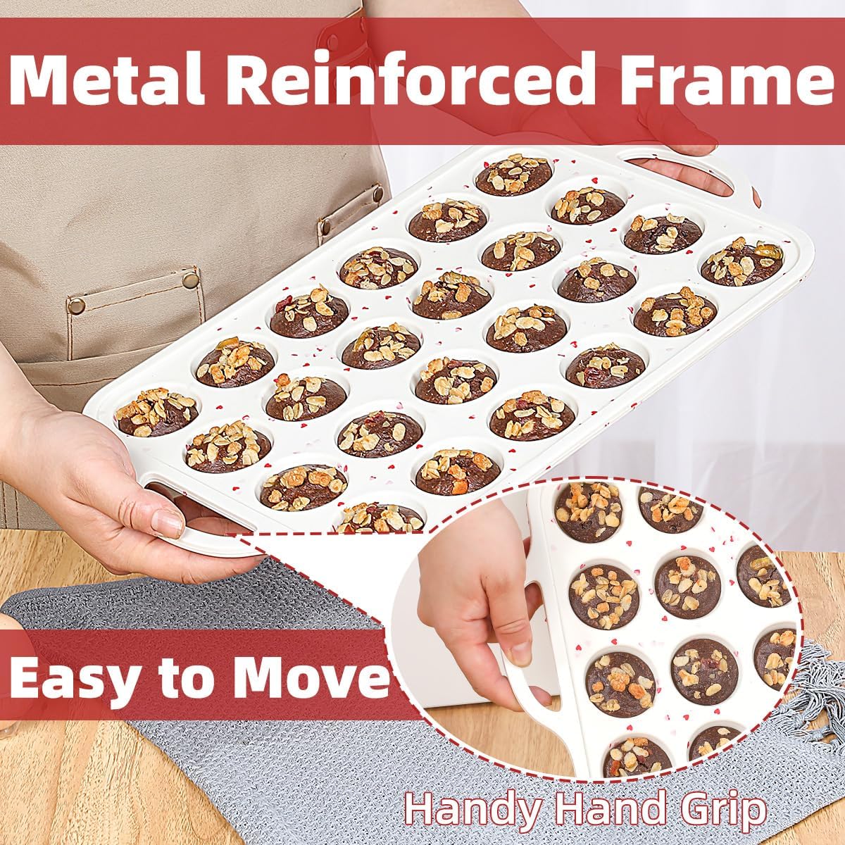 Mini Cupcake Pan, Metal Reinforced Frame Silicone Mini Muffin Pan Nonstick 24 Cups with Handle for Valentine's Day Baking Muffins, Cupcakes, Egg Bites 1 Pack