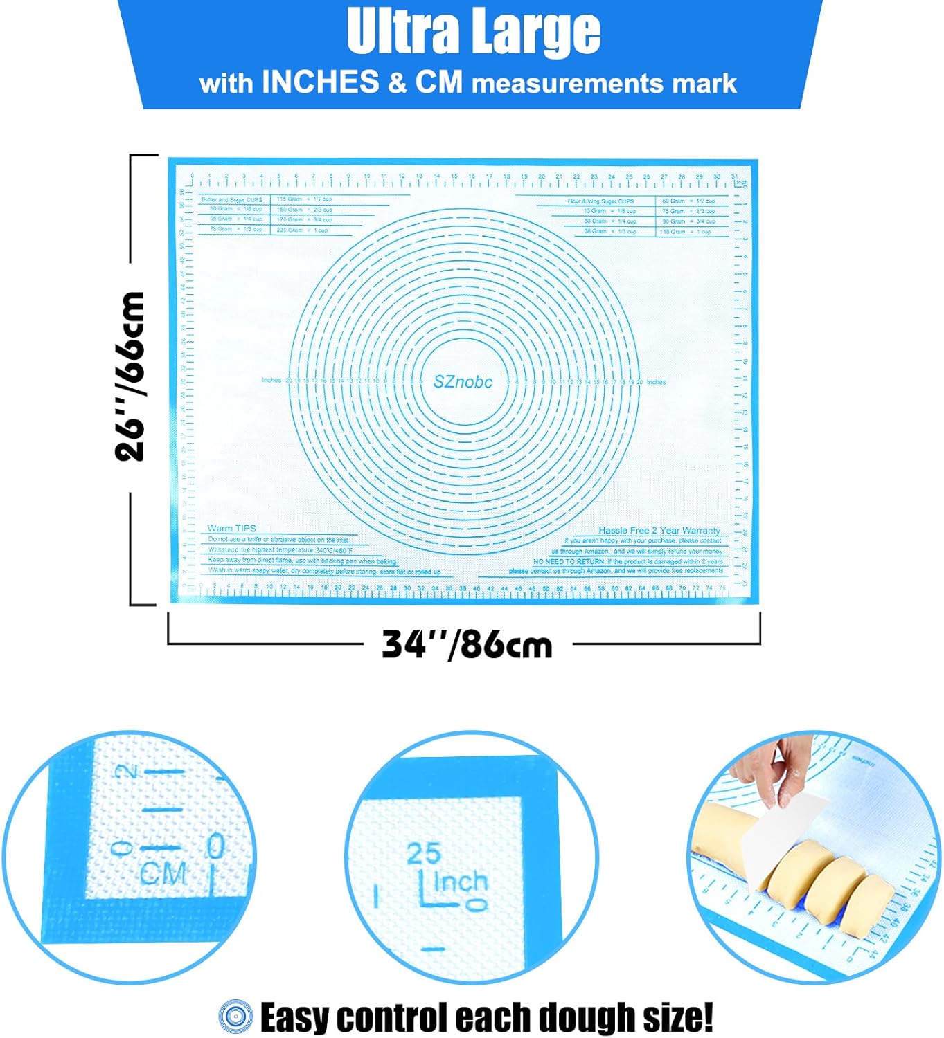 Non-slip Silicone Pastry Mat 34''By 26'' Nonstick Baking Mats Extra Large Counter Mat for Dough Rolling, Pastry, Pie Crust, Fondant, Cookies, Bread, Pasta, Pizza Mat