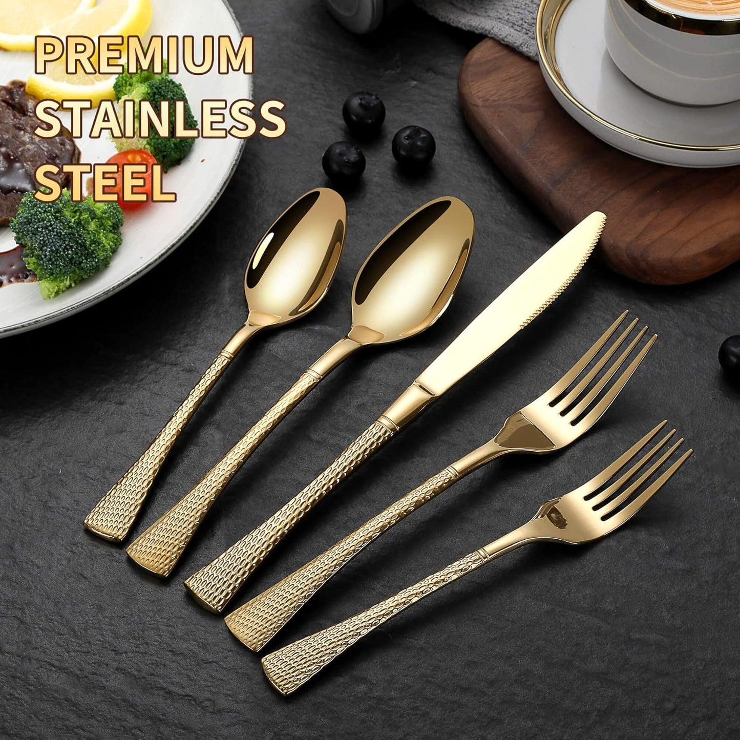 Hammered Gold Silverware Set,20 Piece Modern Flatware Set Service for 4,Mirror Polished Stainless Steel Cutlery Set Utensil Set Tableware Set,Kitchen Knives Forks Spoons Set,Dishwasher Safe