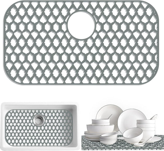 Sink Protectors for Bottom of Kitchen Sink 13x11 &16x12 &19x14 &21x16 &22x13 &24x13 &28x14 &30x16, Large Farmhouse Silicone Mats Grid (26”x14”, Rear Drain)