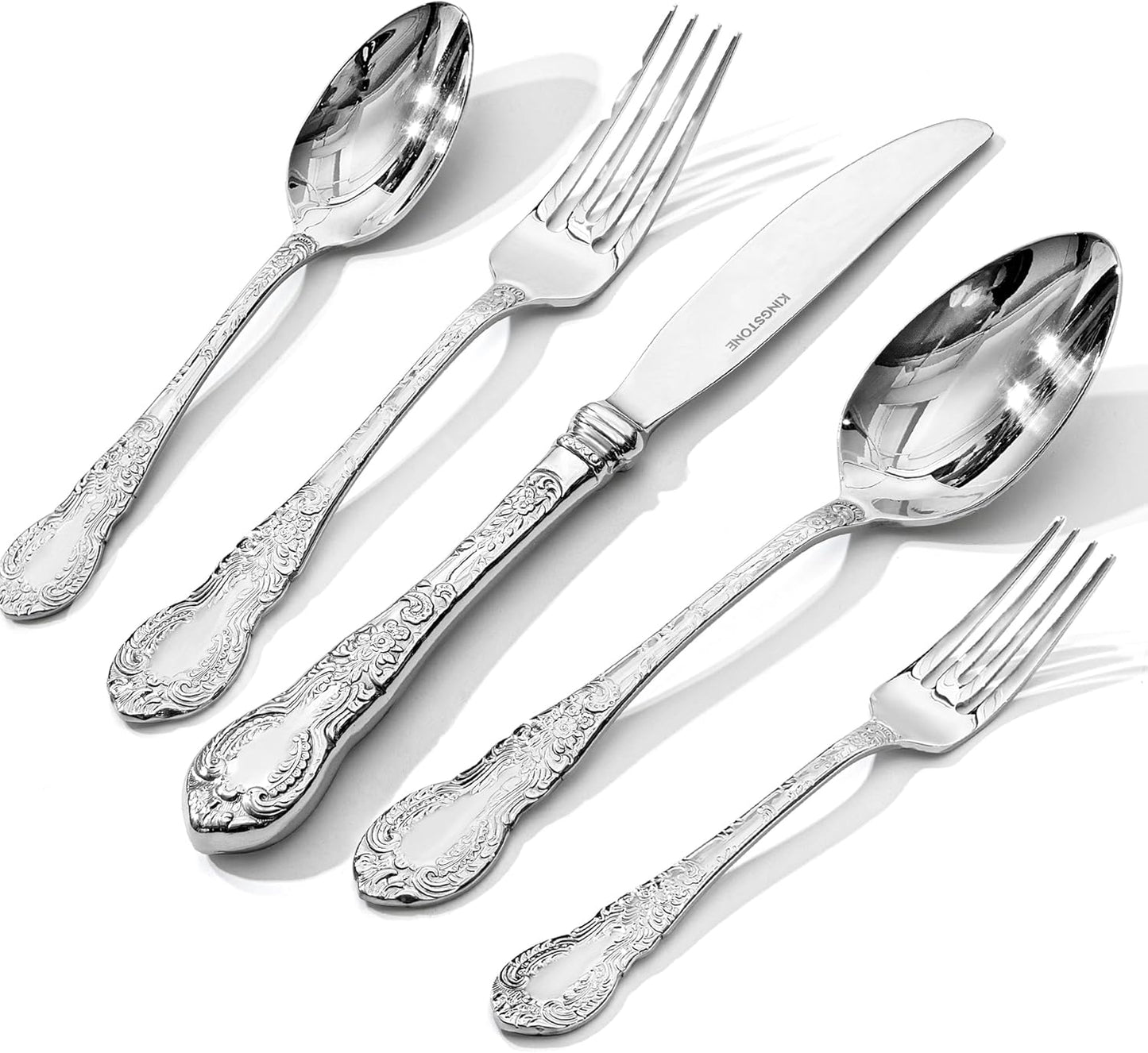 KINGSTONE Vintage Carved Silverware Set, 60-Piece 18/10 Stainless Steel Flatware Cutlery Set with Retro Royal Thick Handle, Tableware Utensils for Home, Restaurant, party, Wedding, Dishwasher Safe