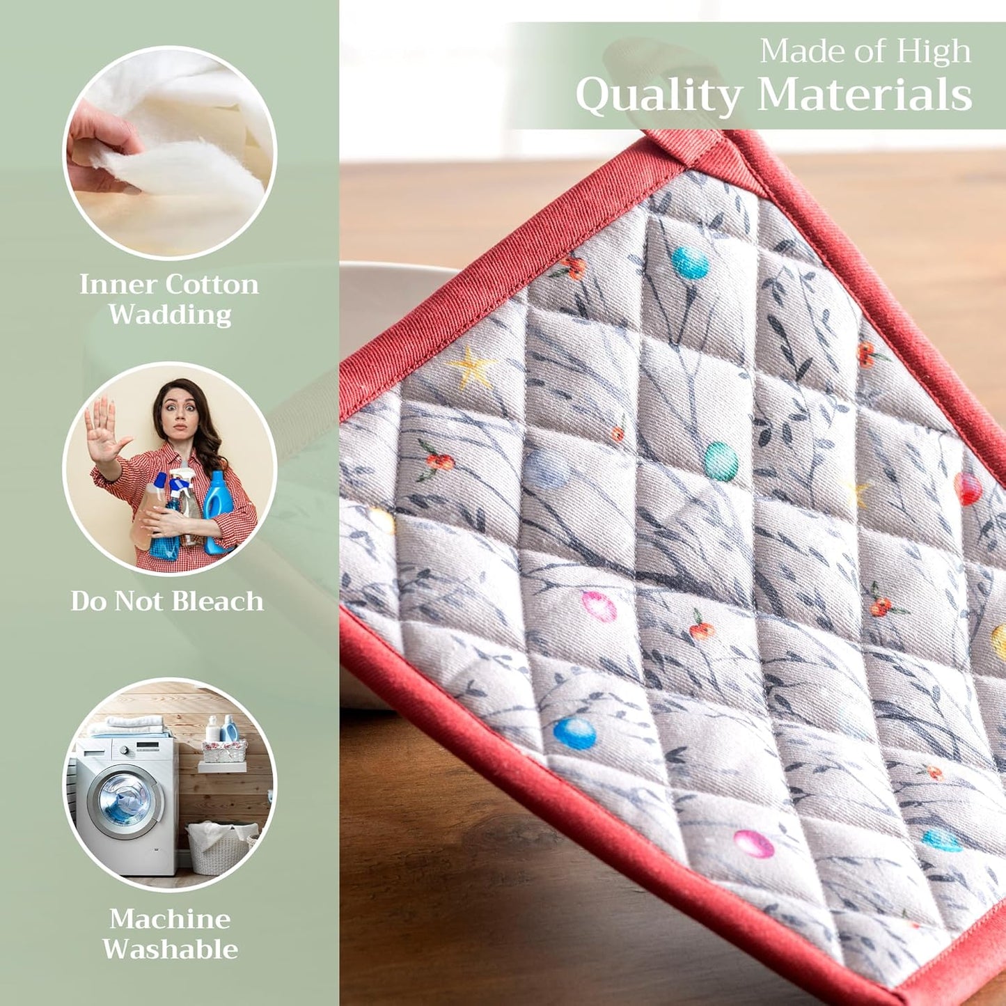 Maison d' Hermine Pot Holders Set 100% Cotton Heat Resistant Potholders 8" x 8" Hot Pads with Loop BBQ, Cooking, Baking, Grilling, Kitchen, Handling Hot Pans (Pack of 2, Fairy Christmas)