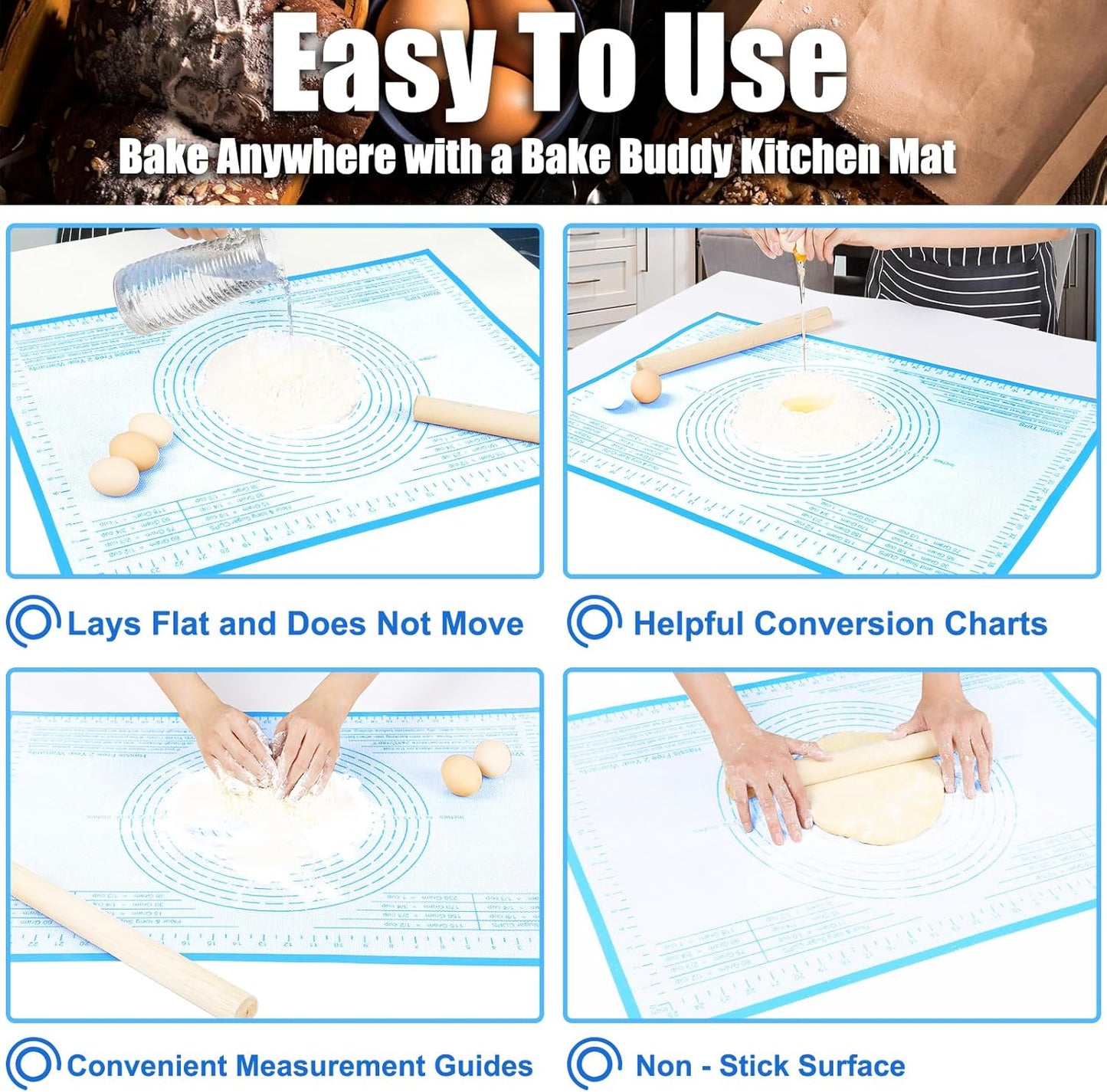 Non-slip Silicone Pastry Mat 34''By 26'' Nonstick Baking Mats Extra Large Counter Mat for Dough Rolling, Pastry, Pie Crust, Fondant, Cookies, Bread, Pasta, Pizza Mat