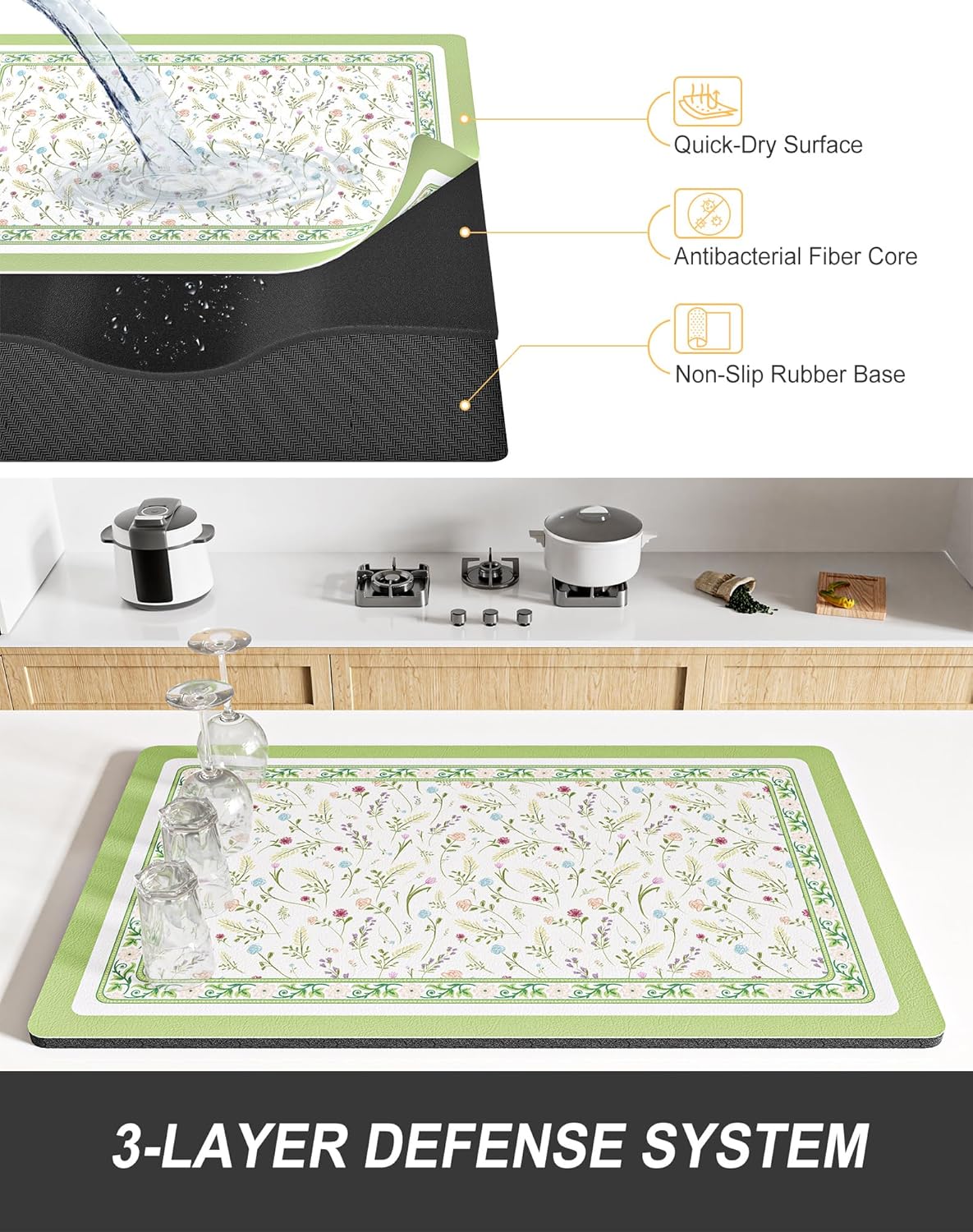 Rnivvi Dish Drying Mat for Kitchen Counter, 12 x 19" Cute Flower Theme Super Absorbent Draining Pad, Non-Slip Heat Resistant Coffee Bar Mat for Coffee Machine Station Accessories, Green Dish Rack Pad