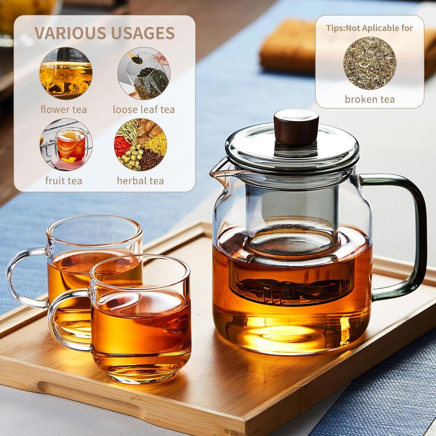 34OZ Glass Teapot with Infuser 1000ML, Borosilicate Glass Tea Pot with Detachable Glass Tea Kettle Tea Infuser, Loose Leaf, Blooming Tea