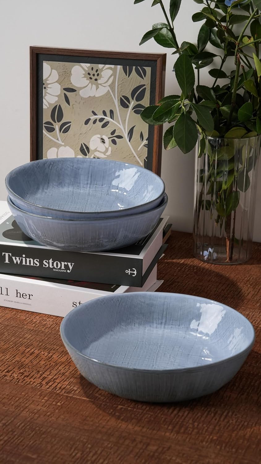 famiware Moonlight 8.5 Inch Pasta Bowls Set of 4, 32oz Serving Bowls for Kitchen, Soup Bowl with Linen Finish, Large Stoneware Bowls for Festivals, Housewarming, Dinnerware, Blue