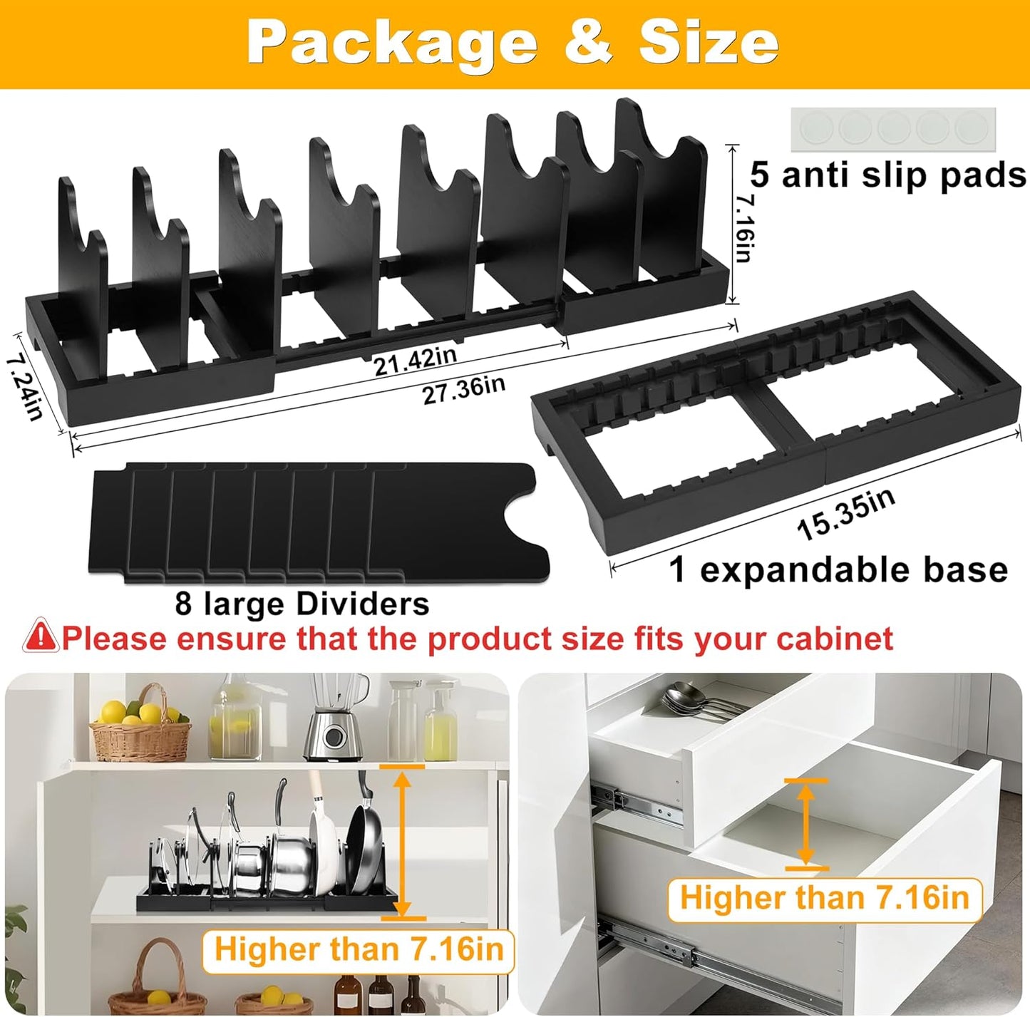 MinBoo Bamboo Expandable Pot Lid Organizer Pot Lid Holder, Pot and Pan Organizer Drawer Organizer for Pot Lids, Adjustable Dividers for Kitchen Cabinet Organizers and Storage,Black,Large