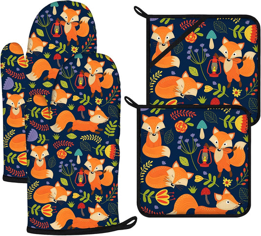 Cute Fox Oven Mitts and Pot Holders Sets 4Pcs,Extra Long Oven Gloves Potholder for Kitchen Cooking Baking BBQ 100% Cotton Heat Resistant